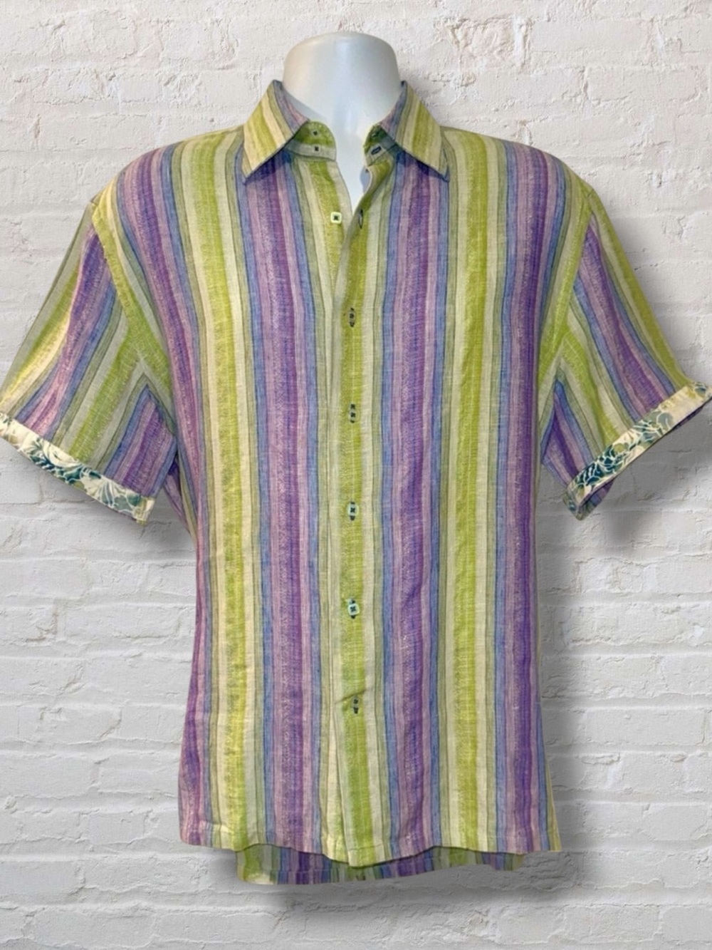 Luciano Visconti Uomo Linen Striped Button-Down Shirt Men’s Large Short Sleeve